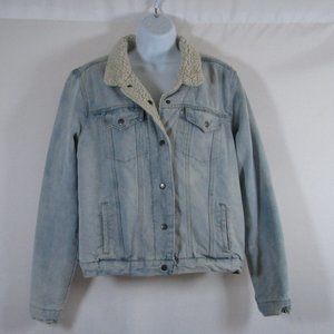 HWY Jeans Womens Light Blue Jean Jacket Faux Fur Lining Size XL Pre-owne…